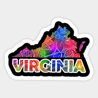 Colorful mandala art map of Virginia with text in pink and green Colorful mandala art map of Virginia with text in multicolor pattern Sticker